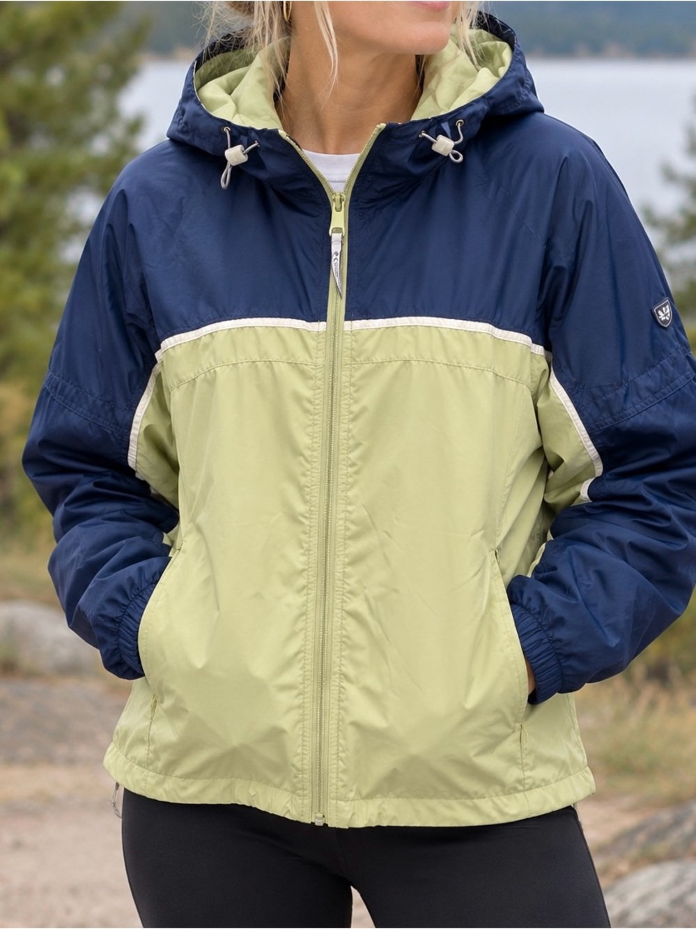 Columbia Blue and Green Hooded and Packable travel Jacket